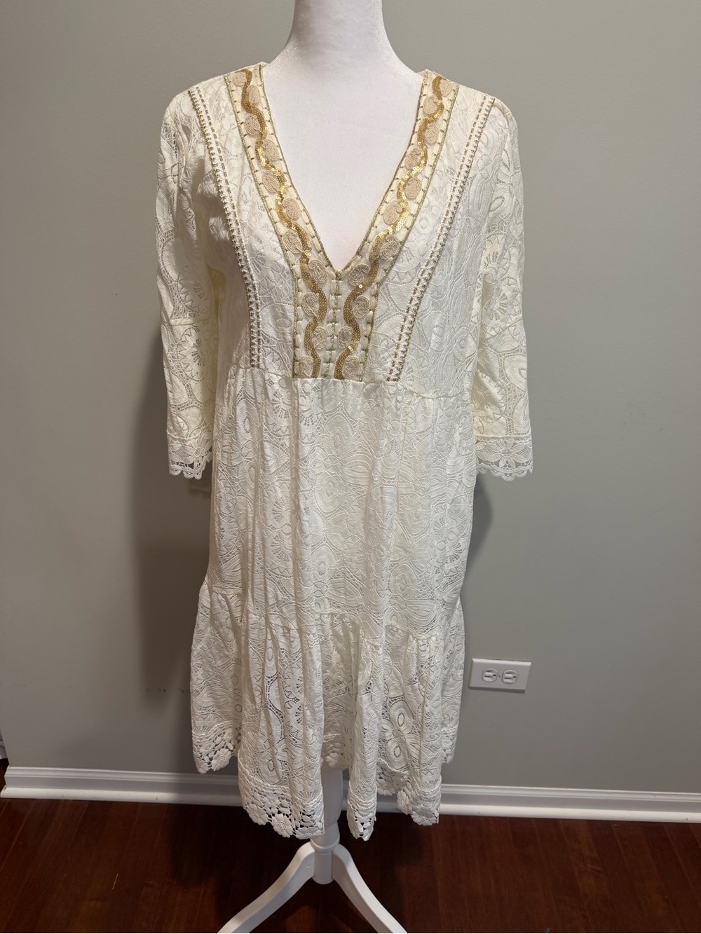 Tempo Paris Cream Lace Midi Dress with Gold Trim